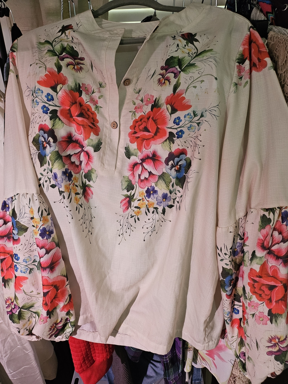 Floral Peasant Blouse Cream with Pink & Red Blooms
